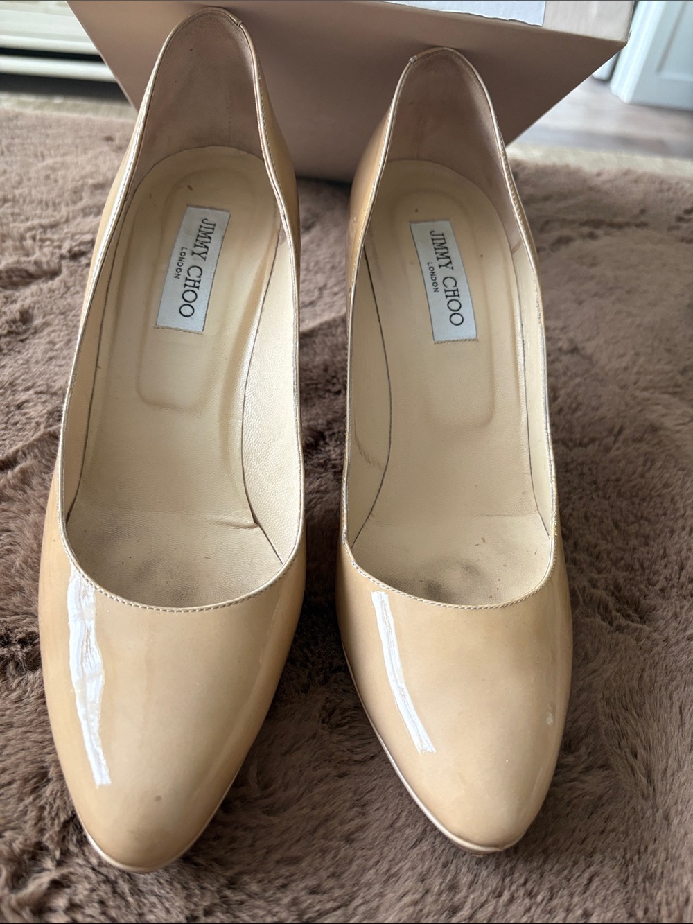 Jimmy Choo 247 Aimee Beige Patent Leather Pointed-Toe Pumps